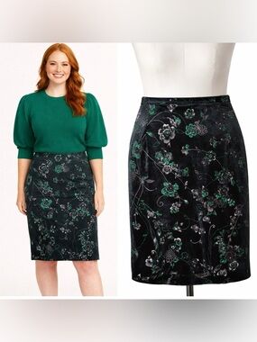 Green Velvet Skirt Metallic Floral Embroidery Size 18-20 Holiday Chic Vintage